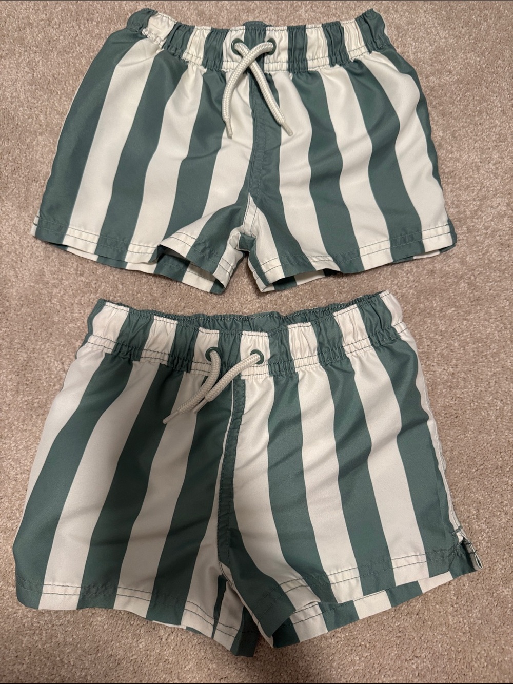 Kids Green and White Striped Swim Trunks